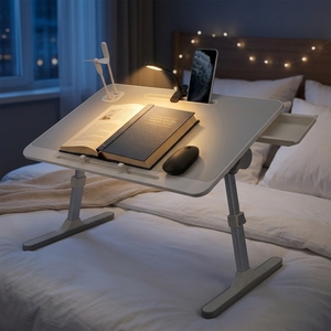 Table de lit pliable 23,6 pouces pour <span class=keywords><strong>ordinateur</strong></span> <span class=keywords><strong>portable</strong></span> avec tiroir latéral, lampe, <span class=keywords><strong>ventilateur</strong></span> USB, support de livre, hauteur/angles réglables, <span class=keywords><strong>plateau</strong></span> antidérapant - Product Image 4