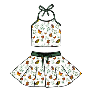 Conjunto de 2 Piezas para Niñas, Top Halter y Falda de Seda Láctea, Estampado Completo, Informal, Transpirable, Ropa de Verano para Niños, Personalizable - Product Image 3