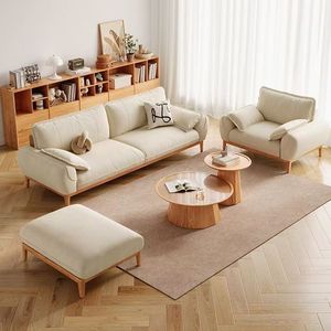 Nordic Style Fabric <b>Sofa</b> Solid Wood Three Seater Cream Color Living Room <b>Sofa</b> <b>For</b> Small Apartments And Rental Rooms - Product Image 2