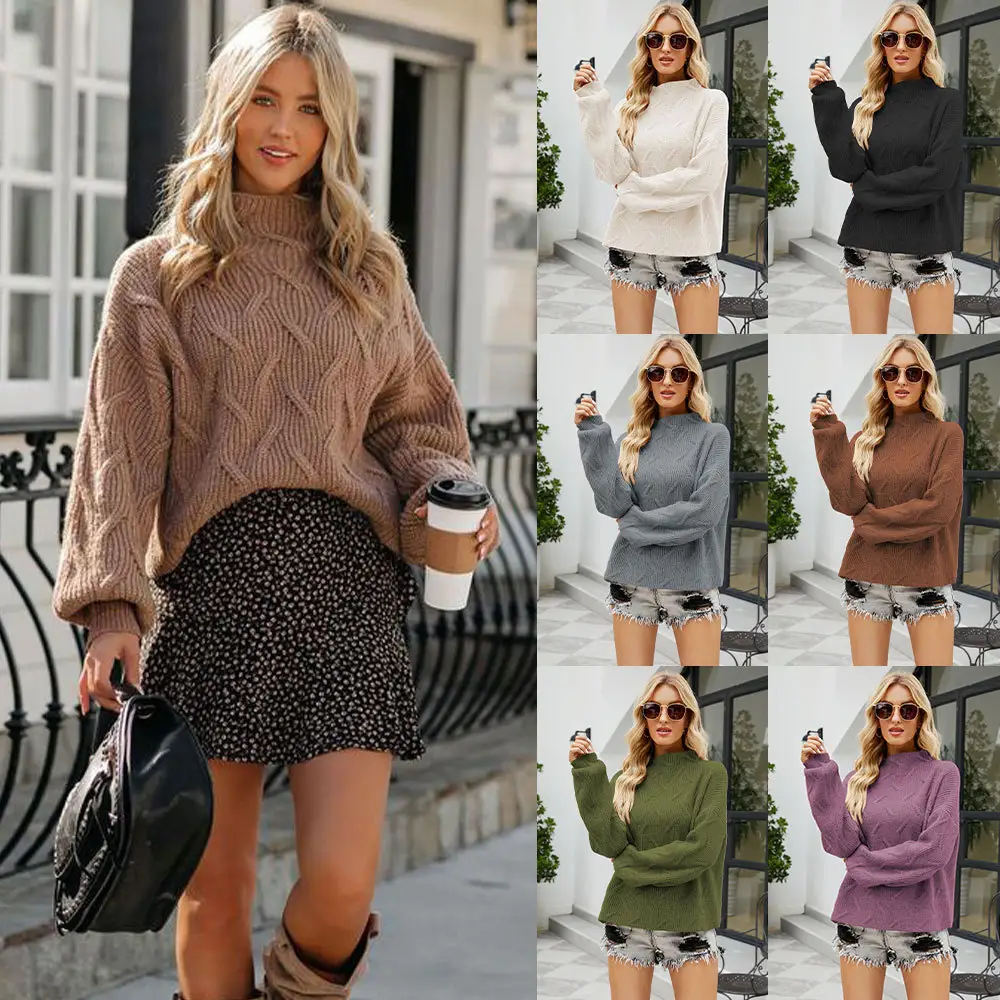 Winter Warm Women Sweater Vintage Fashion Solid Color Cable Loose Knit Pullover Lantern Sleeve Turtle Neck Sweater Women