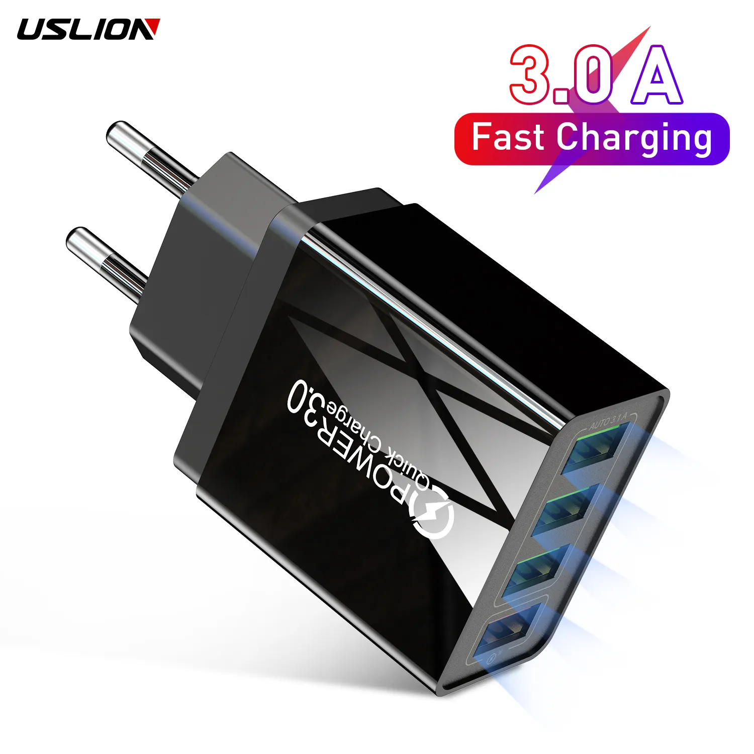 USLION Hot Sale Blue Light 4 USB Ports Fast Charging USB Charger Mobile Phone QC 3.0 Power Adapter Wall Charger