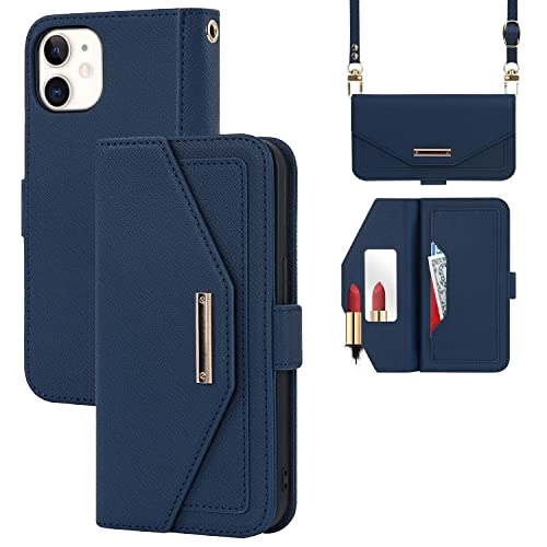 Crossbody Wallet Leather Phone Case with Mirror Lipstick Slot Card Holder Flip Cover Detachable Strap for iPhone