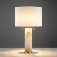 Lampe de bureau LED cylindrique en onyx naturel, base en laiton, abat-jour en lin, design moderne, à intensité variable, pour chambre et salon
