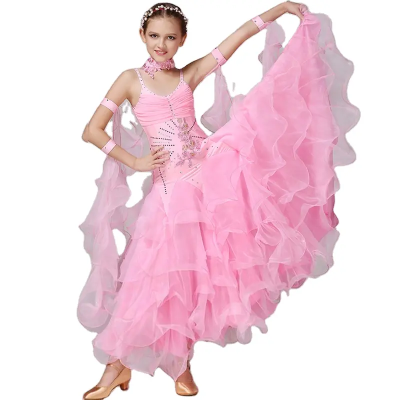 Crianças Meninas Dança Moderna Traje Waltsing Tango Foxtrot Quickstep Longo Salão Dança Competição Vestidos Para Menina