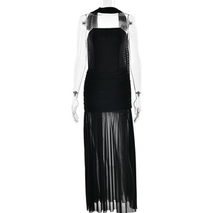 Vestido de Noche Largo Asimétrico con Hombros Descubiertos, de Malla, sin Tirantes, de Cintura Alta y Ajuste Delgado - Product Image 5