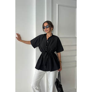 Blusa de Popelina con Detalle de Fruncido en la Cintura, Blusa Negra para Mujer, Manga Corta, Corte Ajustado, Top Moderno - Product Image 4