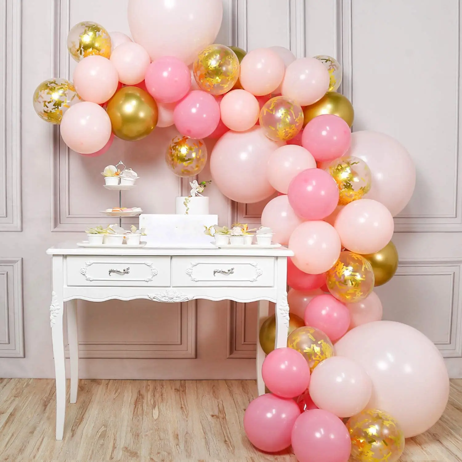 65 pcs पैक गुलाबी गुब्बारे सोने कंफ़ेद्दी लंबी सेक्विन बैलोन माला के कट्टर किट के लिए लड़की गोद भराई लड़की जन्मदिन सजा