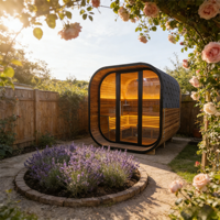 Sauna à vapeur carré extérieur pour 4 à 6 personnes, construction en épicéa carbonisé avec cadre noir, chauffage 6 kW, porte en verre trempé