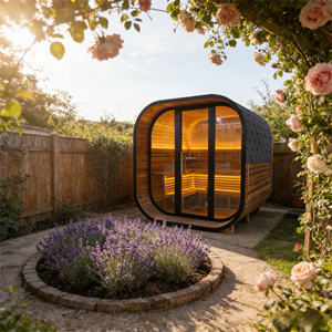Sauna à vapeur carré extérieur pour 4 à 6 personnes, construction en épicéa carbonisé avec cadre noir, chauffage 6 kW, porte en verre trempé - Product Image 4