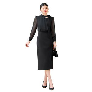 Plus Size Women's Mid Length Dress Black Mandarin Collar Sheer Layer Splicing Solid Color Elegant Slimming For Curvy Women - Product Image 5
