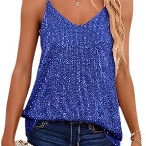 Women <b>Sequin</b> V Neck Sleeveless Camisole Light Gold Breathable Casual <b>Top</b> 3D Effect Polyester Shirt - Product Image 5