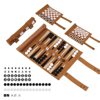 Jeu de backgammon portable multifonctionnel 3-en-1, échecs et dames, en cuir PU suédé, logo personnalisable