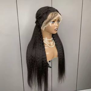 Longue perruque droite crépue texturée comporte une ligne de <span class=keywords><strong>cheveux</strong></span> pré-plumée <span class=keywords><strong>sur</strong></span> le devant Yaki cuticule alignée <span class=keywords><strong>cheveux</strong></span> brésiliens bruts vierges - Product Image 3