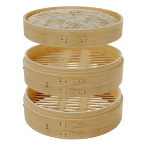 High quality eco friendly 10inch 2 tier round bamboo steamer set handmade of asian