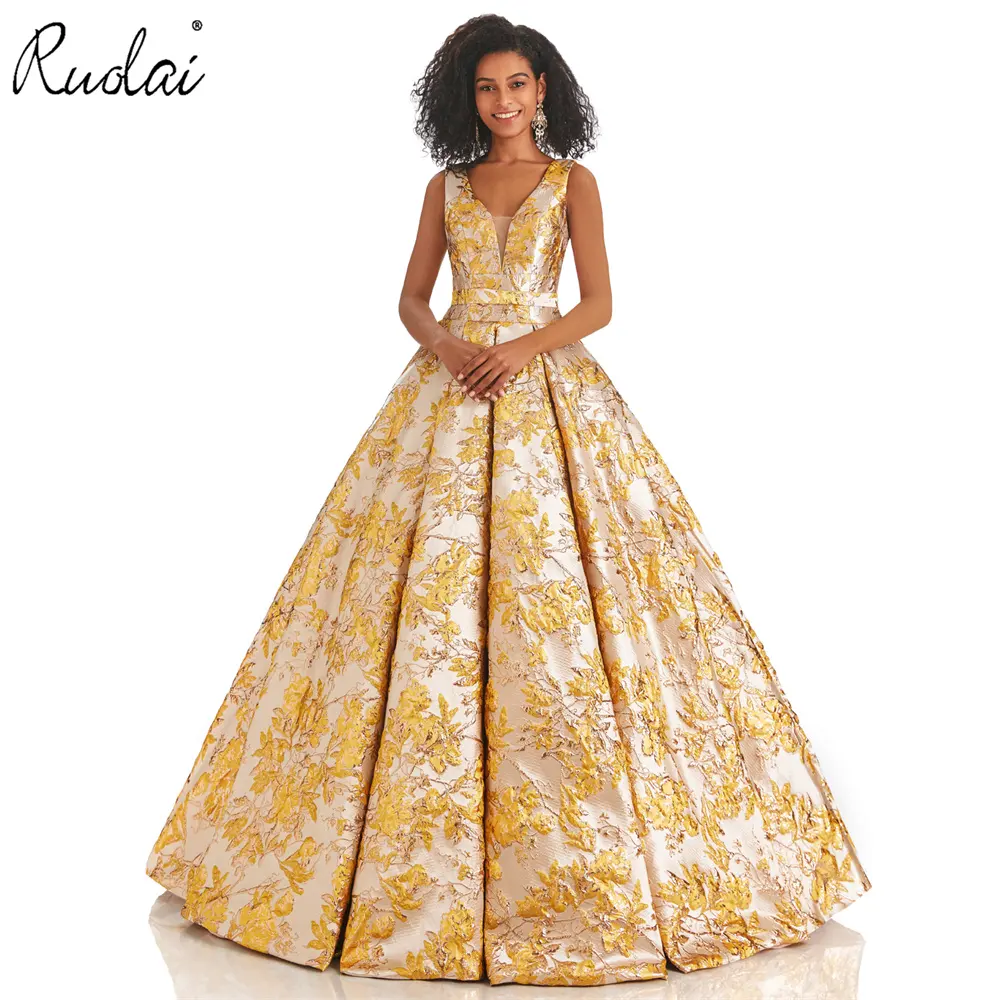 Ruolai LDC6559 Gorgeous V neckline Flower Pattern Backless Ball Gown Party Gowns Gold Jacquard Fabric Evening Dress