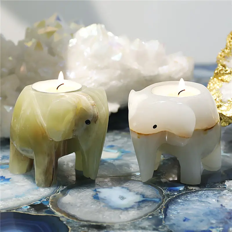 Natural Healing Crystal Afghanistan White Jade Elephant Tealight Holder Candle Holder Stone Candle Holders Home Decor