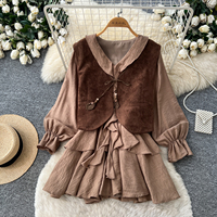 Ensemble deux pièces pour femmes, veste en faux daim vintage et robe à manches longues à volants, tenues élégantes pour les trajets quotidiens en automne