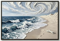 Tableau mural encadré style impasto, Paysage marin bleu-gris atmosphérique avec vagues océaniques, pour Hôtel en bord de mer, Magasin de surf et Café