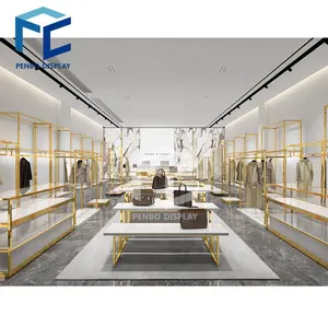 Benutzer definierte moderne Bekleidungs geschäft Kleidung Display Tisch Regal Gold Edelstahl Einkaufs zentrum Einzelhandel Stoff Display Racks für Geschäfte