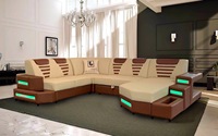 Nouveau canapé de salon en cuir véritable au design moderne, garni d'éponge, multifonctionnel, en forme de U, avec éclairage LED, canapé sectionnel
