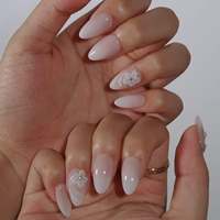 Ongles en acrylique à presser, forme amande, avec dégradé blanc-nude, fleurs blanches en relief 3D, strass bulles transparents, souples, style Pure-Desire-Vibe