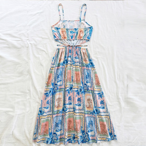Vestido Largo de Verano con Estampado Tropical, Tirantes Finos, Aberturas y Corte en A, Estilo Casual y Relajado - Product Image 6