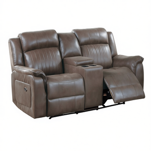 Sofá Reclinable de Dos Plazas Power Motion en Color Café Oscuro, con Consola, Muebles para Sala de Estar, Cuero Genuino - Product Image 1