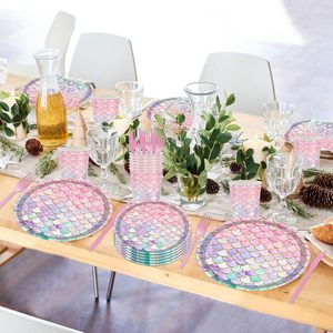 Vente en gros d'assiettes et de serviettes de table pour fête d'anniversaire sirène décorations de fête <span class=keywords><strong>petite</strong></span> sirène vaisselle <span class=keywords><strong>assiette</strong></span> en papier fourchette serviettes - Product Image 1
