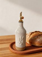 Distributeur d'huile d'olive en céramique blanche avec bouteille en relief Cruet d'huile avec bec verseur en acier inoxydable Pot de sauce soja vinaigre