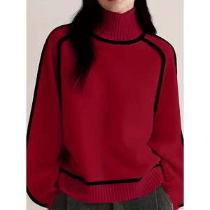 Pull à col roulé avec bordure contrastée, couleur olive brun, taille S, pulls pour femmes - Product Image 1
