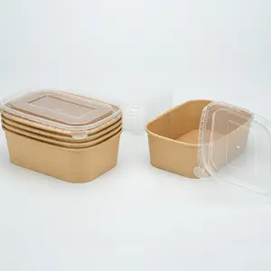 Factory Custom Take Away Lunch Food Bowl 750ml Kraft Paper Salad Disposable Kraft Bowl With Lid Rectangular Container Bowls