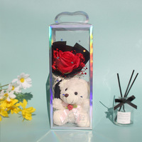 QY Cadeaux floraux faits à la main pour la Saint-Valentin, la fête des mères, les anniversaires, fleurs de savon dans une boîte transparente en PVC, mini bouquet de roses artificielles en forme d'ours