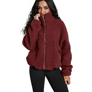 Chaqueta de lana para mujer con cremallera, cuello alto, manga larga, color sólido, abrigo de invierno, tejido grueso y felpa - Product Image 1