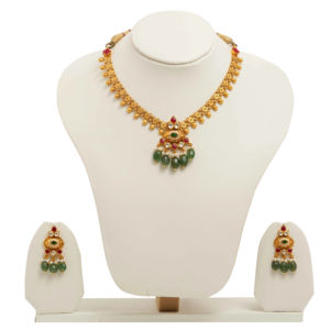 Traditional gold necklace <b>set</b> with floral chain design stone studded pendant and green <b>bead</b> drops paired with matching earrings - Product Image 3