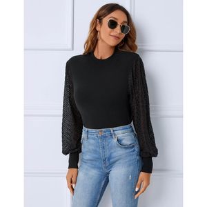 Womens Dressy Sweater Mock Neck <b>Lantern</b> Sleeve Lace Hollow Out Elegant Pullover Business Casual Top - Product Image 2