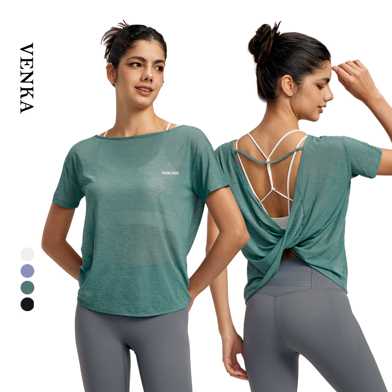 Wholesale 100%Polyester Short Sleeve Running Mesh T-shirt Quick Dry Hollowed Backless Sport Fitness Women Yoga Top T Shirt