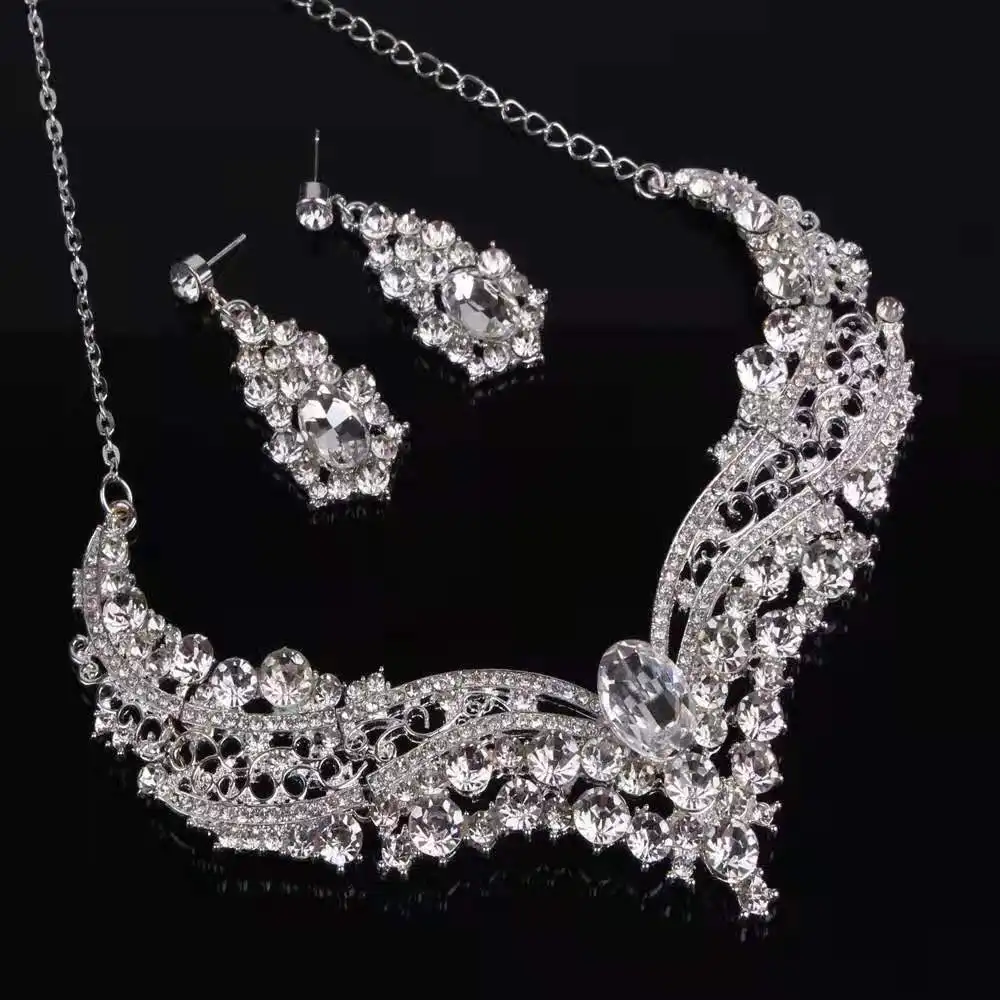 Trend Bridal Costume Jewelry White Big Crystal Rhinestone Bib Statement Necklace Earring Set
