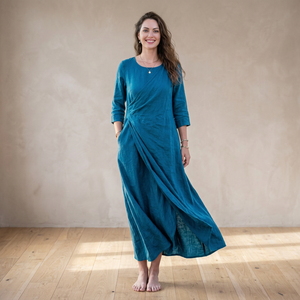 Vintage 100% Cotton Linen Midi <b>Dress</b> Women Draped Wrap Style Asymmetrical <b>Loose</b> Fit Summer <b>Dress</b> with Pockets Plus Size - Product Image 3