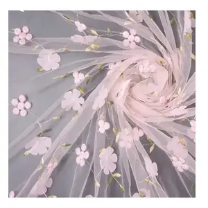 Tissu de broderie 3D花朵雪纺刺绣薄纱蕾丝面料法国晚礼服3D面料