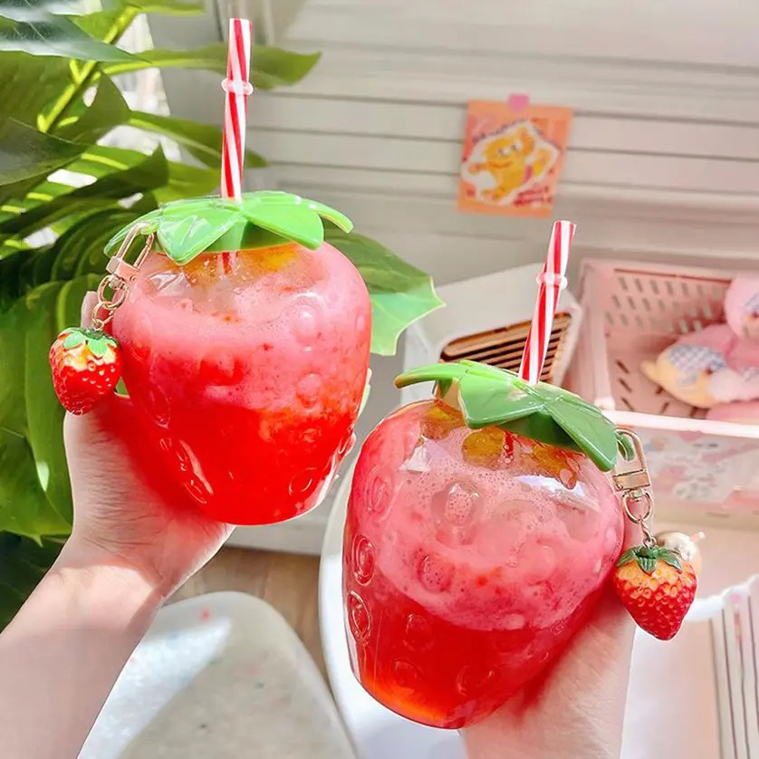 Wholesale plastic promotion gift fruit cartoon kids strawberry shape mug bottle with straw