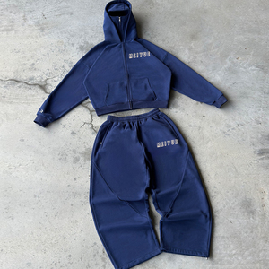 Tuta Sportiva Personalizzata <span class=keywords><strong>con</strong></span> Logo Ricamato, Felpa <span class=keywords><strong>con</strong></span> Zip e Pantaloni Larghi per Uomo, Abbigliamento Streetwear, Produttori di Tute Nere 100% Cotone - Product Image 1