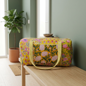 Bolsa de Viaje de Fin de Semana de Algodón Hecha a Mano, Gran Capacidad, Ecológica, Ligera, Duradera, con Cierre de Cremallera, Estampado de Bloques, Estándar - Product Image 4