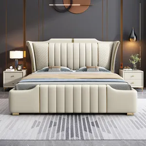 Cama king size con funda, muebles de dormitorio modernos iluminados completos Bett Home Queen cama matrimonial Marco de cama de hotel de lujo de madera