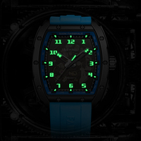 Montre mécanique automatique rectangulaire Mark Fairwhale, verre minéral incurvé, étanche, lumineuse, squelette, sport, bracelet en caoutchouc FW-6450