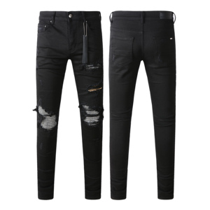 AMIRY Jeans slim stretch pour hommes, vente en gros de patchs rouges déchirés et délavés, style de rue pour l'hiver, l'automne et l'été - Product Image 3