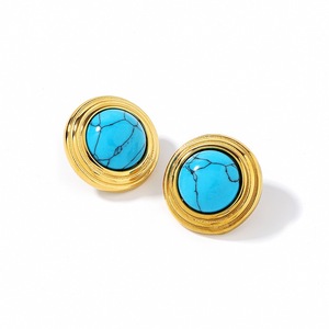 Stud Earrings Blue Turquoise <b>Round</b> Bezel Setting 18k Gold Plated Stainless Steel Ear <b>Posts</b> Fashion Jewelry - Product Image 5