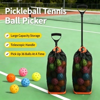 Ramasseur de balles de tennis et de pickleball sans effort avec tige télescopique en tube de fer, sac filet à rouleaux et système de pression multifonction