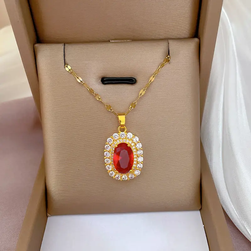 Kalung batu permata merah baja tahan karat berlapis emas 18k kualitas tinggi perhiasan kalung liontin zirkon mewah untuk wanita