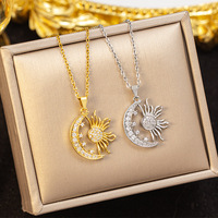Collier ras du cou en cuivre plaqué or véritable 18 carats avec pendentif soleil et lune en zircone, chaîne en acier titane, micro-pavé, style bohème chic, délicat, pour clavicule