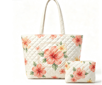 Ensemble de sacs fourre-tout matelassés pour femme, motif floral hawaïen Plumeria Hibiscus, légers, doux, avec pochette zippée, réutilisables pour la plage et les voyages